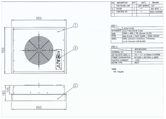 Fan Filter Unit(공기정화장치)의 도면