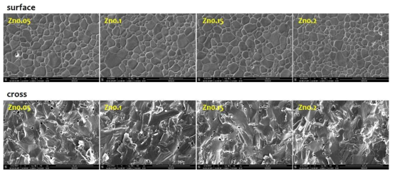 1250℃, 8h 후 Zn 도핑 함량에 따른 표면 및 단면 미세조직