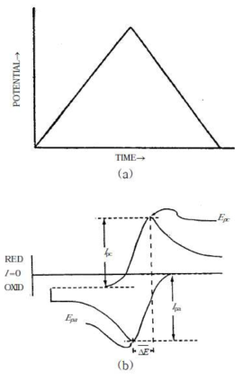 (a) 순환전압전류법에서의 전위주사형태, (b) (a)의 전위주사에 대하여 얻어지는 순환전압전류곡선