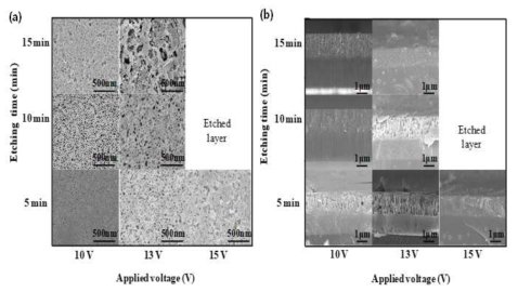 전압과 에칭시간에 따라 제작된 나노 porous GaN 의 표면과 단면 이미지