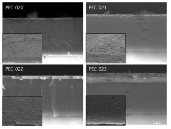 성장두께가 다른 InGaN 광전극의 SEM 표면과단면 이미지