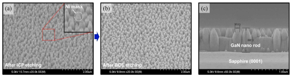 Ni nano mask (750 ℃ annealing) ICP etching 후 GaN nano 구조 SEM images