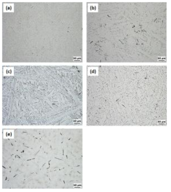 합금의 미세조직: (a) MCP200, (b) Sn-8Zn-1Bi, (c) Sn-10Bi-6Zn, (d) Sn-20Bi-5Zn, (e) Sn-20Bi-1Zn