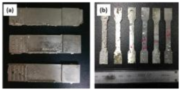 금속 다이캐스팅 시편 모양: (a) as-cast, (b) 인장 시험편 가공 후