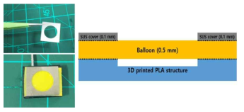 (좌) 제작된 SUS 부착 후 모습, (우) 소자의 부착된 풍선 막과 SUS 구조