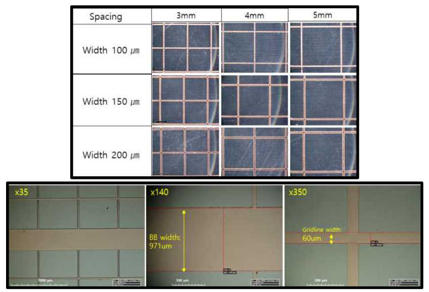 제조된 상부전극용 금속 메쉬(그리드(上)형상 및 BB(下)(3BB) 타입 전극의 광학(Optical Microscope) 이미지)