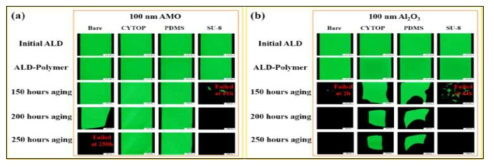 AMO 및 Al2O3 ALD 박막 표면 polymer 코팅 의한 OLED 수명 평가 (85℃/85% R.H. oven)