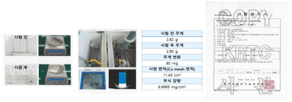 최종 금속 Mesh 전극의 부식감량 테스트 결과