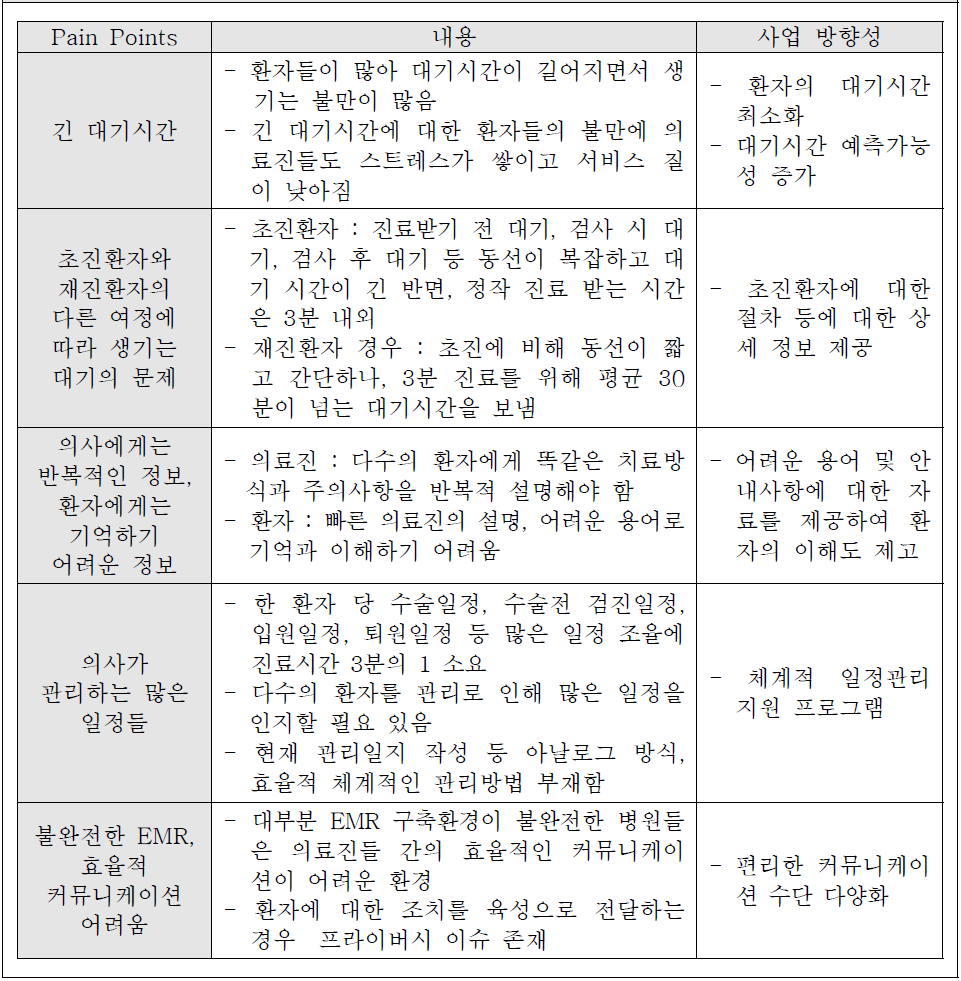 조사결과 도출한 의료서비스의 주요 Pain Points 및 방향성 제시