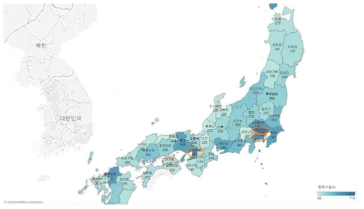 요양시설 분포지도 및 상위3개 지역
