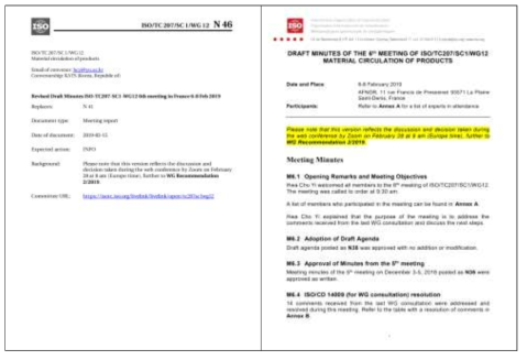 ISO/TC207/SC1/WG12 제1차 Editorial Group Webinar 회의, (좌) 제1차 Editorial Group Webinar 회의 공지 N문서, (우) 제1차 Editorial Group Webinar 회의 Draft Minutes N문서