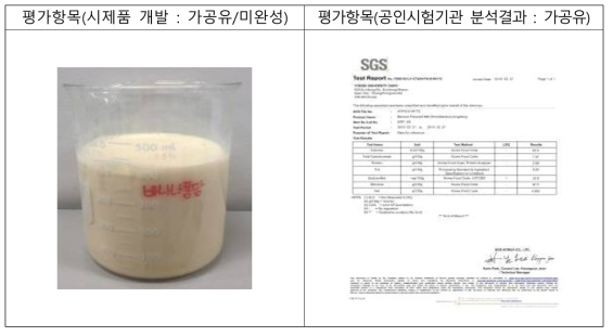 액상발효유 시제품 사진 및 공인검사 결과