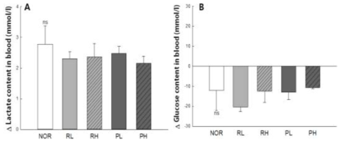 Effect of rice protein hydrolysates on delta value of lactate(A) and glucose(B) change during 70% of maximum forced swimming test. NOR : normal group(distilled water), RL : 1.5 g/kg of rice syrup meal, RH : 3 g/kg of rice syrup meal, PL : 1.5 g/ kg of Hydrolysate of rice syrup meal, PH : 3 g/ kg of Hydrolysate of rice syrup meal