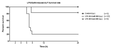 LPS/GalN 급성 간부전 모델에서 투여 받은 쥐의 생존율 관찰