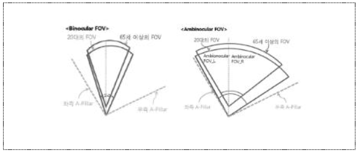 20대와 65세이상 운전자의 Binocular FOV(左)와 Ambinocular FOV(右) 기준에서의 시야각 범위