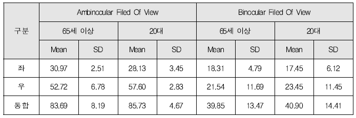 전방 FOV 측정결과의 기술통계량(단위: °)