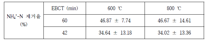 600, 800 ℃ 소성 제올라이트 여재 성능 비교
