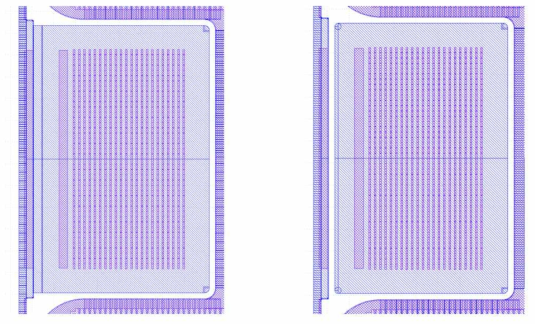 Gate Pad + Gate Runner Metal 연결 (좌), Gate Pad 단독 (우)