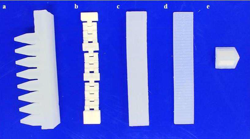 전체적인 손가락 제작을 위한 부품들 a) Actuating part, b) Stiffening part의 backbone, c) Membrane, d) 바닥 부분, e) 손톱