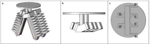 a) 전체적인 그리퍼의 옆모습, b) 손바닥의 앞모습, c) 손바닥의 아래모습