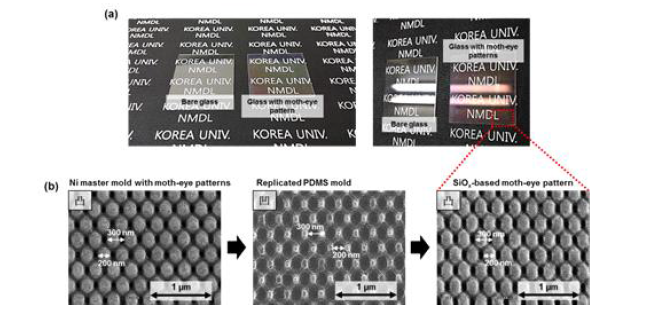 Moty-eye 패턴이 형성된 유리 기판의 실제 사진 및 SEM 사진