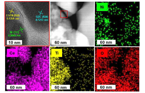 환원된 La0.4Sr0.4Ti0.9Ni0.1O3-GDC 복합체 분말의 TEM 이미지