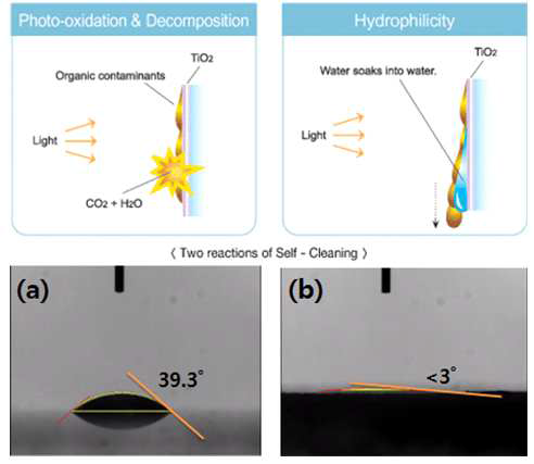 자외선/태양광/가시광선 조건에서의 블루/블랙 티타늄산화물의 친수 효과와 셀프클리닝 효과. (a) P25, (b) 환원된 블루/블랙 티타늄산화물의 물 접촉각 비교 실험을 통해 향상된 친수성도 확인한 실험. [참조 : KITA 홈페이지]