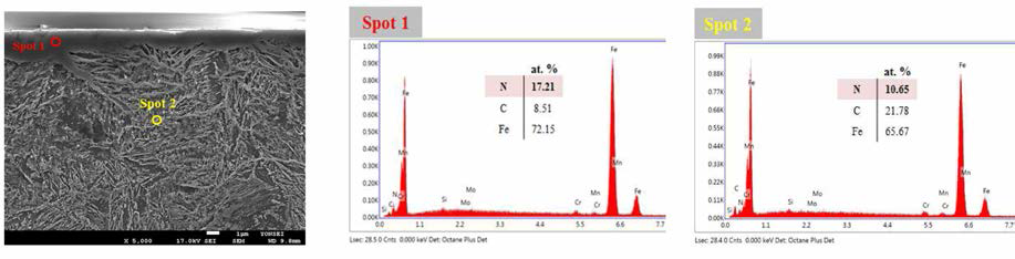 450℃ 에서 60분 플라즈마 질화된 SCM415 시편의 화합물층 및 확산층 EDS