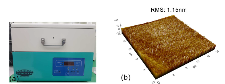 (a) UV/오존 처리기, (b) 10분간 UV/오존 처리 후 PI 표면 AFM 분석