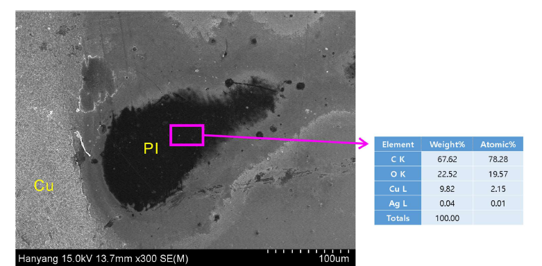 표면처리를 하지 않은 폴리이미드에 발생하는 코팅 불량 부분의 FESEM 이미 지 및 EDS 분석 결과