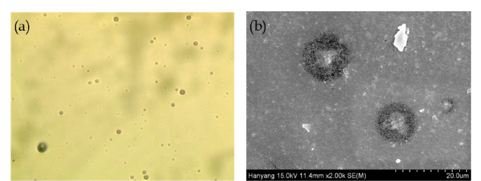 (a) 유리 기판에 코팅 시 발생한 공기방울의 광학현미경 사진, (b) 폴리이미드 기판을 UV/오존으로 10분간 표면처리한 후 형성한 구리 시드층 내 핀홀의 FESEM 이미지
