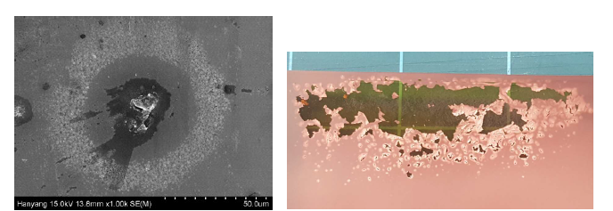 이온타입 잉크에서 발생하는 기포(핀홀) 현상 FESEM(좌), 잉크 코팅이 두꺼 운 부분에서 일어나는 박리 현상(우)