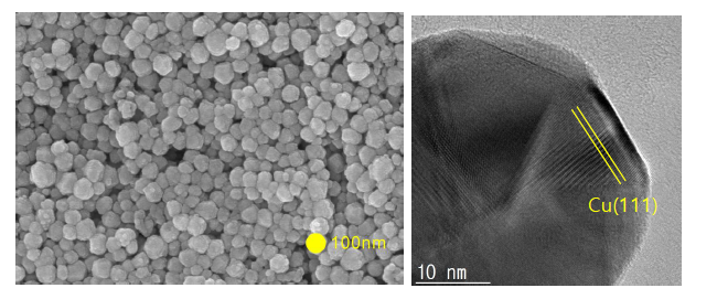 BSP 독자 개발한 100nm 구리 입자FESEM(좌), TEM(우)