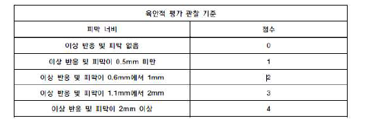 이식시험 육안적 평가 관찰 기준