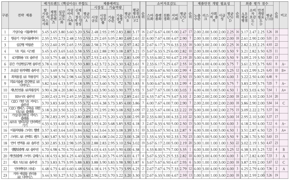 AR/VR 분야 전략제품 평가 결과