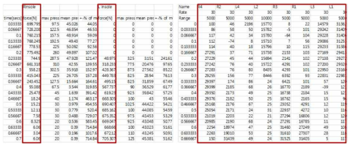 보행결과 획득 결과_인솔센서(좌), 스마트 슈즈(우)