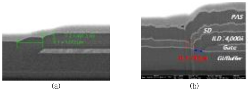 (a) Glass TFT 단면 이미지 (GAT/ILD) (b) R2R TFT 단면 이미지 (GAT/ILD/SD)