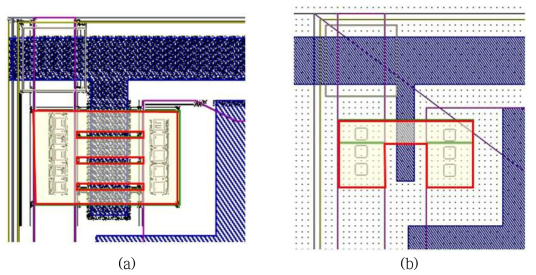 (a) 변경전 Panel TFT 소자 설계 W/L=75/35㎛, (b) 변경후 Panel TFT 소자 설계 W/L=20/15㎛