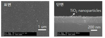 용액공정 통해 형성된 TiO2 나노입자 층의 표면(좌)과 단면(우)의 SEM images