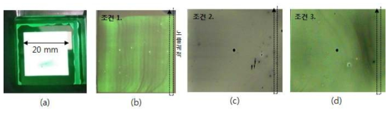 (a) 용액형 HIL 및 EML 이 적용된 Hybrid OLED 조명 발광 이미지. EML 코팅 조건이 (b) 조건 1 (c) 조건 2 (d) 조건 3 인 경우 OLED 발광 이미지