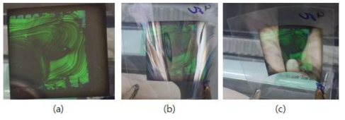 (a) 용액형 HIL 및 EML 이 적용 된 Hybrid Flexible OLED 조명의 발광 이미지. (b), (c) 제작된 Hybrid Flexible OLED 조명의 Bending 테스트