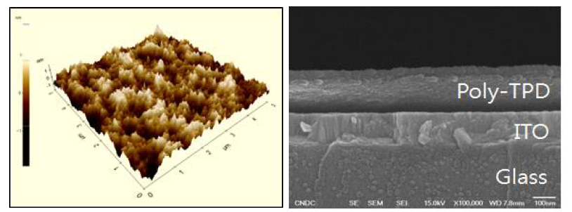 Cholorobenzene 과 Toluene을 혼합한 용액에 의한 손상된 Poly-TPD layer의 표면사진(좌:AFM, 우:SEM)