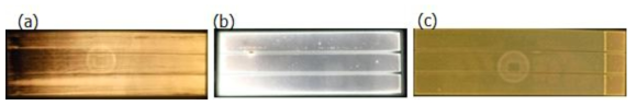 slot die 간격에 따른 OLED 조명 소자의 발광 이미지 (a) 200um, (b) 250um, (c) 300um