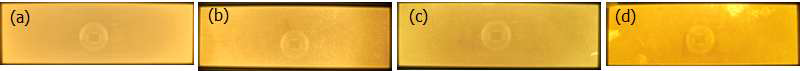 보조전극을 적용하지 않은 소자에서 유기물층 인쇄에 따른 소자의 발광 이미지 (a) ref. 전체 layer 증착 적용, (b) HIL 인쇄 적용, (c) HIL/HTL 인쇄 공정 적용, (d) HIL/HTL/EML