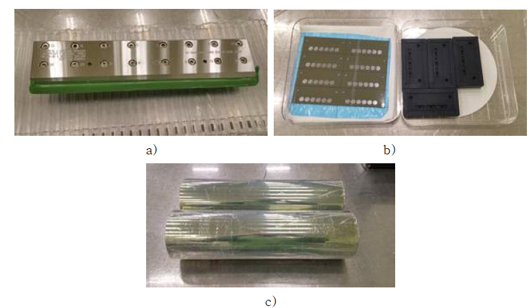 용액 코팅 공정을 위한 노즐 및 기판, a) 슬롯다이 (폭 400 ㎜), b) 멀티노즐 (18-hole), c) 유연기판 (ITO coated PEN film)
