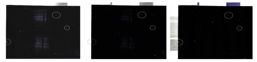 청색 laser의 조사각 80°(좌), 65°(중), 35°(우)에 따른 defect 검출 결과