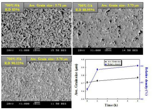 700℃ 유지시간에 따른 미세구조의 변화 및 유지시간에 따른 상대밀도, 평균결정립 크기