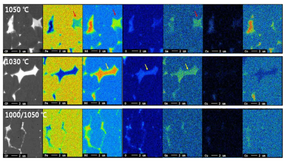 소결온도에 따른 Fe, Nd, O, Ga, Cu, Co mapping 분석 결과