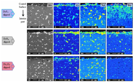 Dy 화합물(DyF3, DyH2, Dy2O3)을 확산처리한 소결자석의 EPMA-mapping 이미지