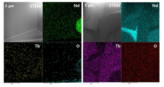 TbF3 입계확산 자석의 Tb, Nd, O, F 원소의 Mapping 분석 결과
